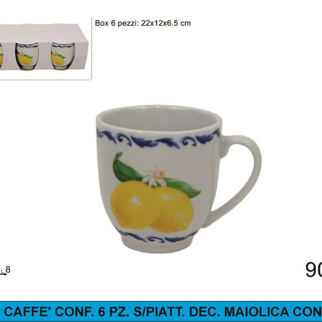 Tazzine Caffe' Conf. 6 Pz. S/Piatt. Dec. Maiolica Con Limoni Due Esse