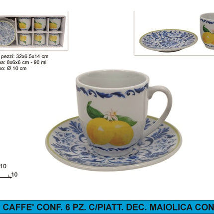 Tazzine Caffe' Conf. 6 Pz. C/Piatt. Dec. Maiolica Con Limoni Due Esse