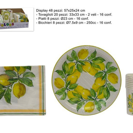 Set Tavola Monouso 48 Pezzi Decoro Limoni – Kit Completo (Piatti, Bicchieri, Tovaglioli) per Feste e Buffet senza Pensieri Due Esse