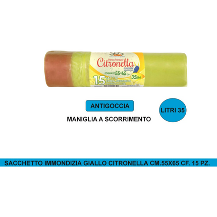 Di.Pri.Ma Sacchetti Immondizia Gialli 55x65cm 35Lt Con Maniglia Scorrimento 15 Pz Di.Pri.Ma