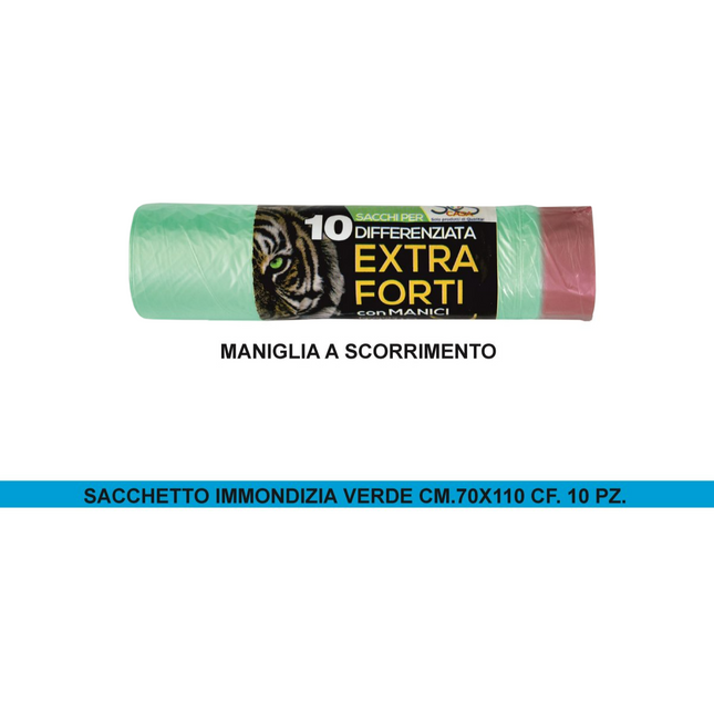 Di.Pri.Ma Sacchetti Immondizia Verdi 70x110cm 90 Lt Con Maniglia Scorrimento 10 Pz Di.Pri.Ma