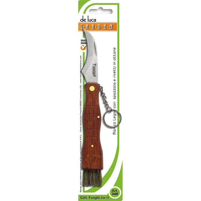 COLTELLO PER FUNGHI MANICO IN LEGNO CON SPAZZOLA LAMA ACCIAIO TEMPERATO CM.19