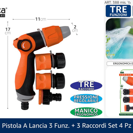 Set Irrigazione De Luca: Pistola a Lancia 3 Funzioni con 3 Raccordi – Attacco 1/2", Impugnatura Ergonomica, Set 4 Pezzi De Luca Coltellerie