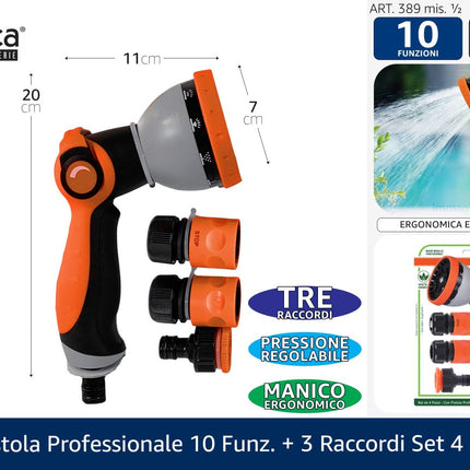 Set Pistola Irrigazione Professionale 7 Funzioni con 3 Raccordi – Attacco 1/2", Impugnatura Ergonomica, Set 4 Pezzi De Luca Coltellerie