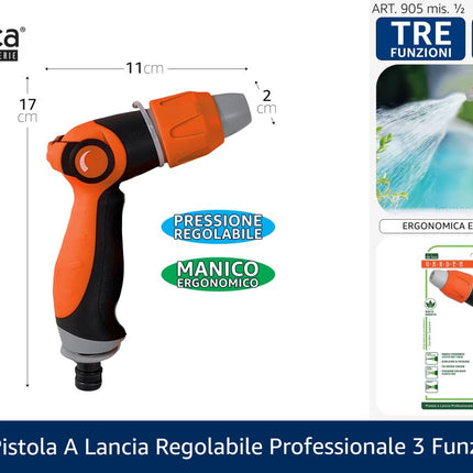 Pistola a Lancia per Tubo Acqua De Luca – 3 Getti Regolabili, Attacco 1/2", Impugnatura Ergonomica per Irrigazione e Pulizia De Luca Coltellerie