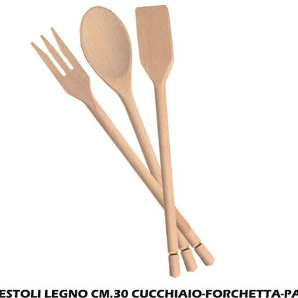Tris Mestoli Legno Cm.30 Cucchiaio-Forchetta-Paletta-8050054380353