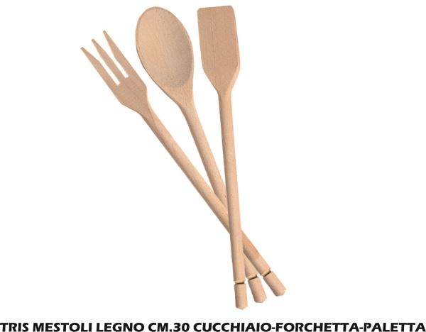 Tris Mestoli Legno Cm.30 Cucchiaio-Forchetta-Paletta-8050054380353