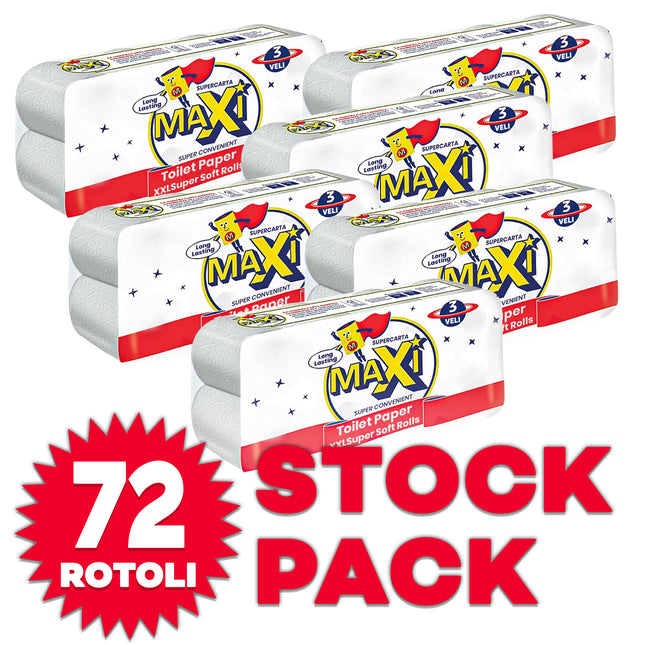 Carta Igienica MAXI XXL 3 Veli – 72 Rotoli (9 Confezioni da 8) Senza Profumo Maxi