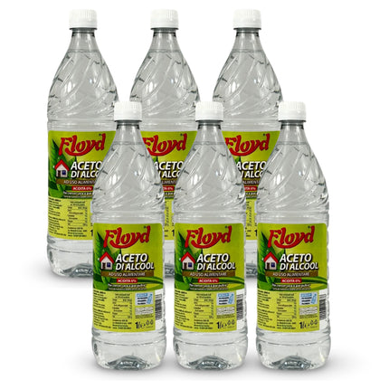 Floyd Aceto di Alcool Bianco 6% Acidità – Uso Alimentare per Conserve e Sottoli & Pulizie Ecologiche – Anticalcare Naturale Multiuso, Origine Agricola lt.1 x 6 pezzi Floyd