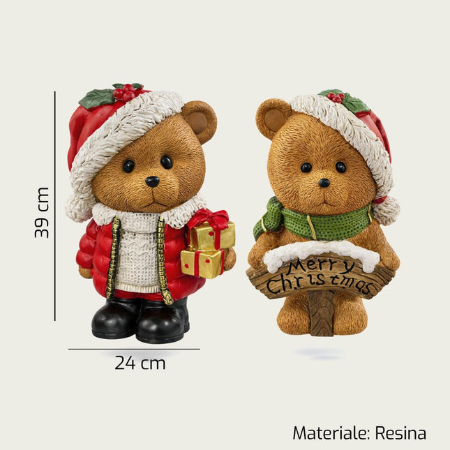 Orso Natalizio in Resina 39 cm | Statuetta Decorativa Soprammobile 2 Modelli Assortiti Due Esse