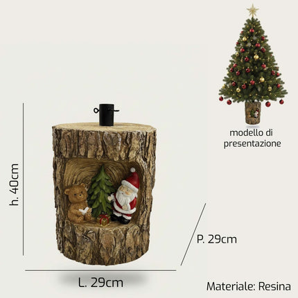 Base Decorativa per Albero di Natale in Resina con Tronco e Orsetto | Supporto per Albero Natalizio con Diametro Foro 3,8 cm in 4 Modelli Tronco Orsetto con B. Natale H 40 cm Arca