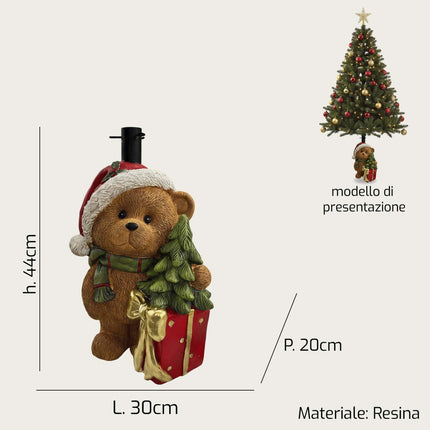 Base Decorativa per Albero di Natale in Resina con Tronco e Orsetto | Supporto per Albero Natalizio con Diametro Foro 3,8 cm in 4 Modelli Orsetto con regalo H 44 cm Arca