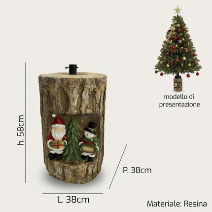 Base Decorativa per Albero di Natale in Resina con Tronco e Orsetto | Supporto per Albero Natalizio con Diametro Foro 3,8 cm in 4 Modelli Tronco B. Natale con P. di Neve H 58 cm Arca