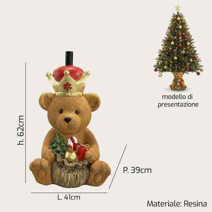 Base Decorativa per Albero di Natale in Resina con Tronco e Orsetto | Supporto per Albero Natalizio con Diametro Foro 3,8 cm in 4 Modelli Orsetto con corona H 62 cm Arca