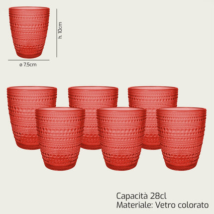 Essence Set 6 Bicchieri in Vetro Colorato Rosso 28 cl | Servizio Bicchieri da Tavola Acqua e Bibite 7,5x10 cm Arca