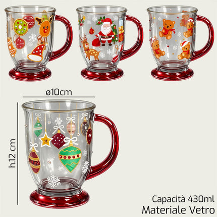 Tazza Natalizia in Vetro 430ml con Manico Rosso – Mug Festivo per Cioccolata e Tisane