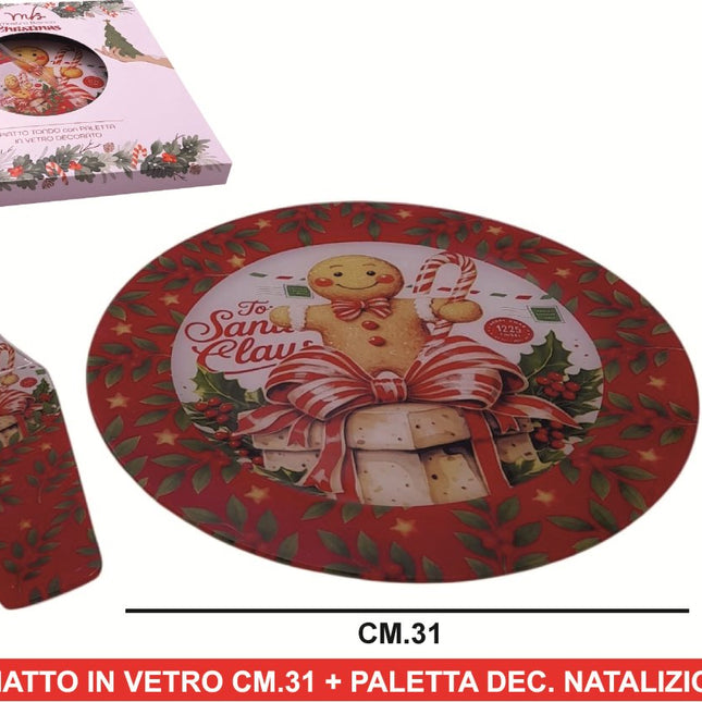 Set Dolce Natalizio in Vetro con Piatto da Portata 31 cm e Paletta Torte Coordinata | Alzata Tonda per Panettone e Pandoro in Scatola Regalo con Decoro Omino di Pan di Zenzero Due Esse