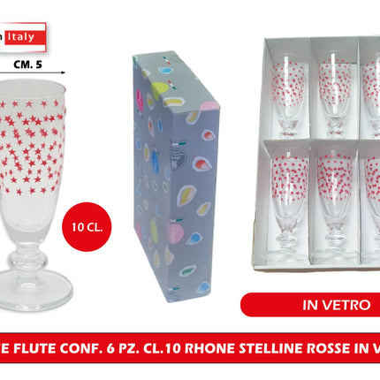Calice Flute Conf. 6 Pz. Cl.10 Rhone Stelline Rosse Italian Decor