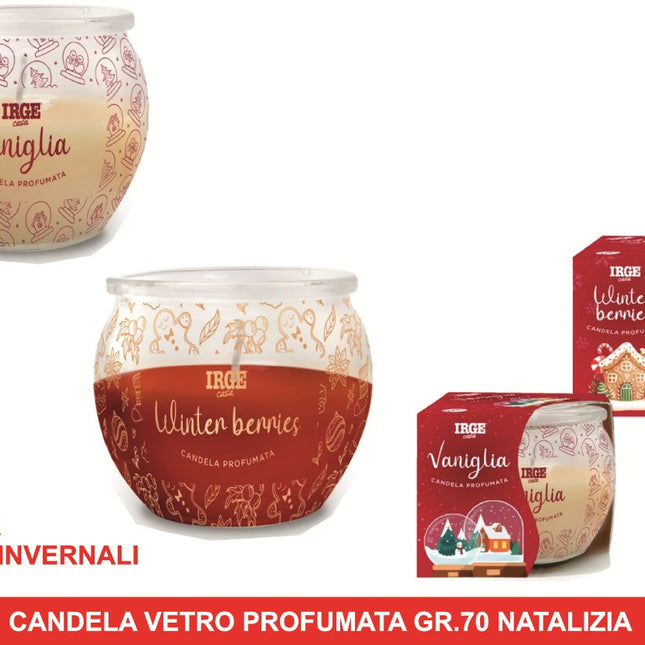 IRGE Candela Profumata Natalizia 70g in Vetro Decorato con Scatola Regalo | Candela Profumata per Centrotavola e Segnaposto Fragranze Festive Assortite Vaniglia o Winter Berries Due Esse