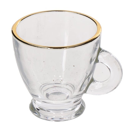 Jelia Gold Set 6 Tazzine da Caffè in Vetro con Bordo Oro | Servizio Tazzine Espresso Eleganti Trasparenti con Manico senza Piattini