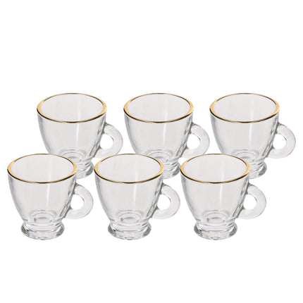 Jelia Gold Set 6 Tazzine da Caffè in Vetro con Bordo Oro | Servizio Tazzine Espresso Eleganti Trasparenti con Manico senza Piattini