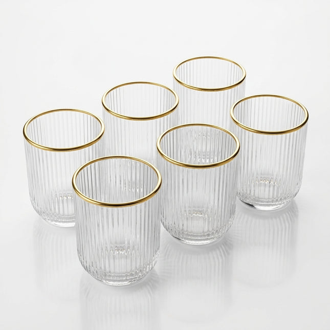 Set 6 Bicchieri Acqua Eloma Gold in Vetro Rigato da 25,5 cl, Bicchieri Tumbler Trasparenti con Bordo Dorato Dipinto a Mano, Stile Vintage Millerighe per Tavola e Aperitivo Due Esse