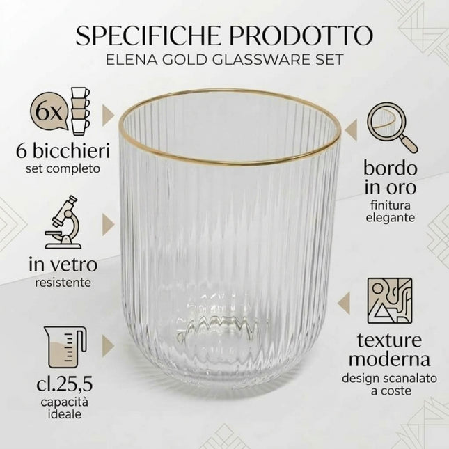 Set 6 Bicchieri Acqua Eloma Gold in Vetro Rigato da 25,5 cl, Bicchieri Tumbler Trasparenti con Bordo Dorato Dipinto a Mano, Stile Vintage Millerighe per Tavola e Aperitivo Due Esse