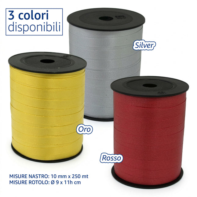 Nastro Regalo Opaco 10mm x 250mt | Bobina Max Scorta Oro, Argento e Rosso Due Esse