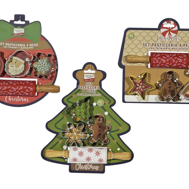 Set Pasticceria Natalizia da 4 Pezzi con Mattarello e 3 Formine Tagliabiscotti (Fantasie Assortite) General Trade