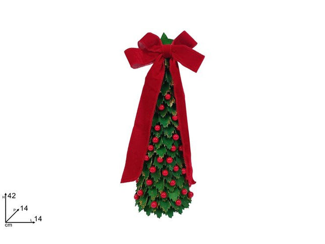 Albero di Agrifoglio Artificiale 42 cm con Glitter Oro e Bacche Rosse | Alberello Decorativo Natalizio da Interno con Base 14x14 cm Due Esse