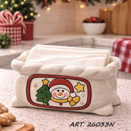 Linea Natalizia in Ceramica Giardini di Marzo | Accessori Cucina e Tavola di Natale con Pupazzo di Neve | Barattolo, Portarotolo, Portatovaglioli, Svuotatasche Portatovaglioli 22.5x22.5x10.5h cm Giardino di Marzo