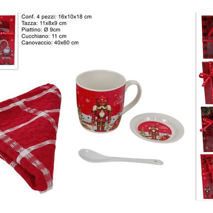 Set Colazione Natalizio 4 Pezzi in Confezione Regalo – Tazza Mug, Piattino, Cucchiaino e Canovaccio, 4 Fantasie Assortite (Schiaccianoci, Babbo Natale, Gnomi) Due Esse