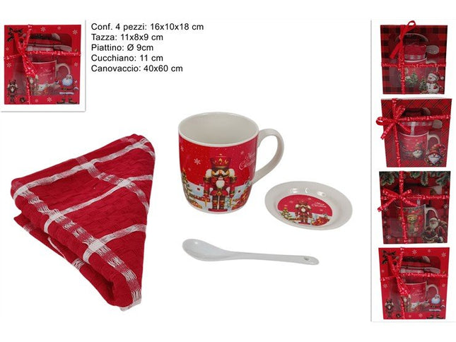 Set Colazione Natalizio 4 Pezzi in Confezione Regalo, Kit con Tazza Mug 11x8x9 cm, Piattino Ø 9 cm, Cucchiaino in Ceramica e Canovaccio 40x60 cm, in 4 Fantasie Assortite (Schiaccianoci, Babbo Natale, Gnomi) Due Esse