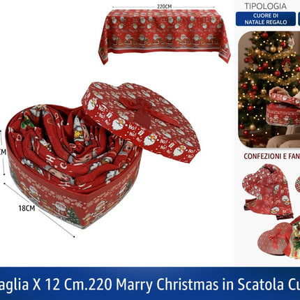 Tovaglia Natalizia per 12 Persone (220 cm) in Scatola Regalo a Cuore – Marry Christmas, Fantasie Assortite Due Esse