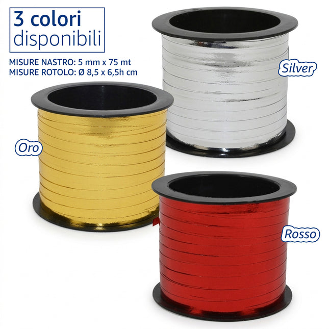Nastro Regalo Metallizzato Laminato 0,5 cm x 75 m | Rocchetto Nastro Lucido per Confezioni e Pacchi Natalizi | Colori Assortiti: Rosso, Oro, Silver Due Esse