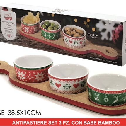 Antipastiera Natalizia a 3 Scomparti con Vassoio in Bamboo