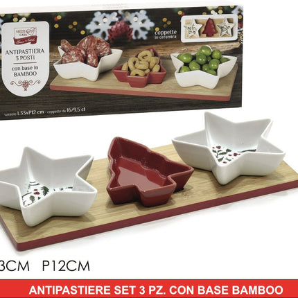 Antipastiera Natalizia con 3 Ciotole a Stella e Alberello su Base Bamboo