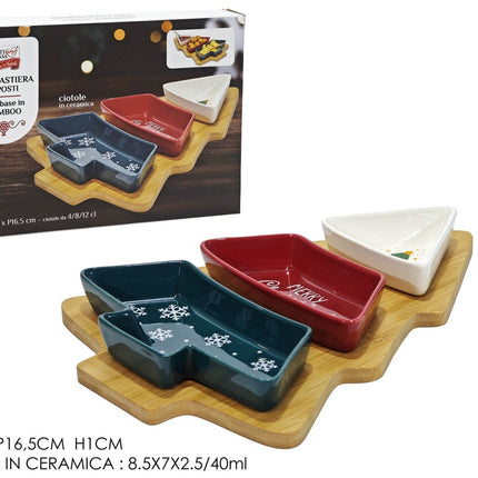 Set Antipastiera Natalizia a Forma di Albero con Base in Bamboo e 3 Ciotole in Ceramica