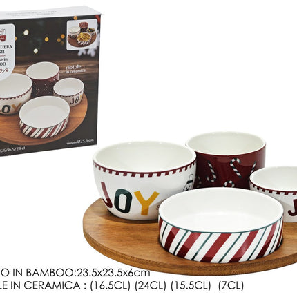 Set Antipastiera Natalizia con Base Rotonda in Bamboo e 4 Ciotole in Ceramica Joy