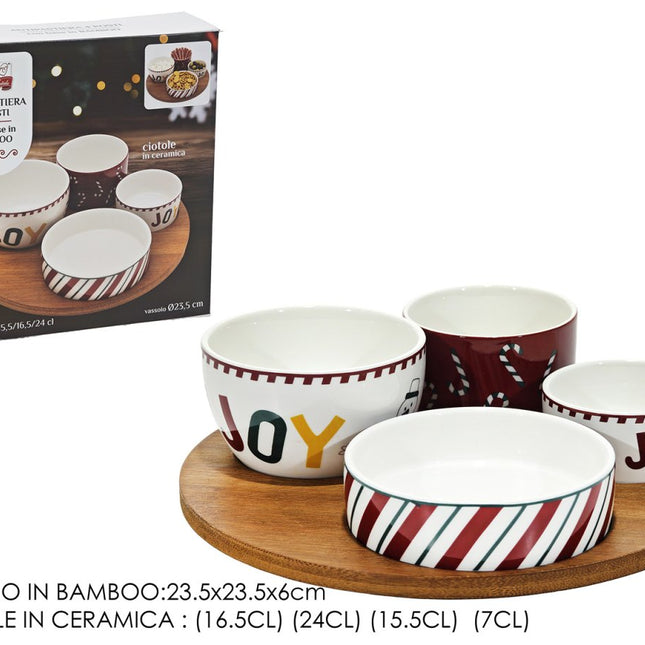 Set Antipastiera Natalizia con Base Rotonda in Bamboo e 4 Ciotole in Ceramica Joy General Trade