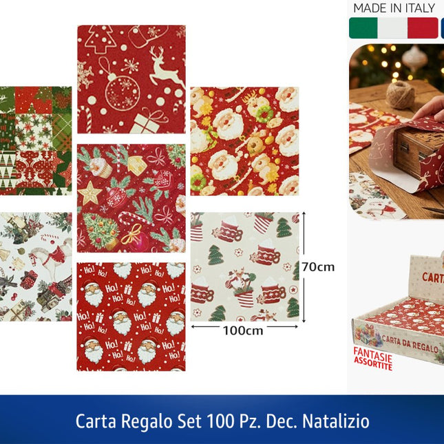 Carta Regalo Set 100 Pz con Decorazioni Natalizie, Fogli Assortiti Pronti all'Uso CBL Grafiche Srl
