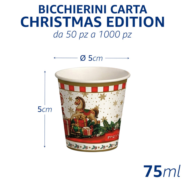 Bicchierini Caffè Natalizi in Carta Bio I CasAmici Movida 75ml | Tazzine Monouso Biodegradabili per Espresso | Set da 50 a 1000 Pezzi (1, 5, 10, 20 Confezioni da 50 pz) I CasaAmici