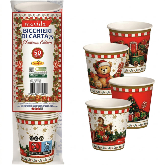 Bicchierini Caffè Natalizi in Carta Bio I CasAmici Movida 75ml | Tazzine Monouso Biodegradabili per Espresso | Set da 50 a 1000 Pezzi (1, 5, 10, 20 Confezioni da 50 pz) I CasaAmici