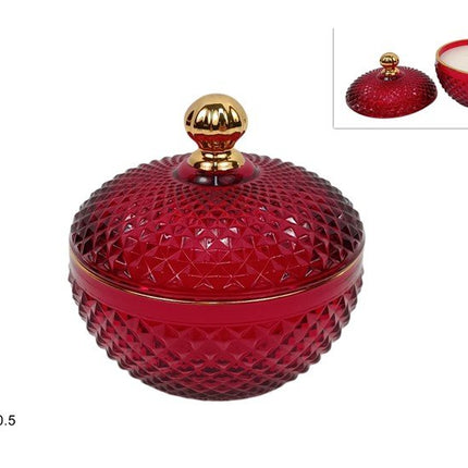 Candela Profumata in Potiche di Vetro Rosso Diamantato Ø 10,5 cm – Bomboniera Natalizia Elegante, Barattolo con Coperchio e Pomello Oro Due Esse
