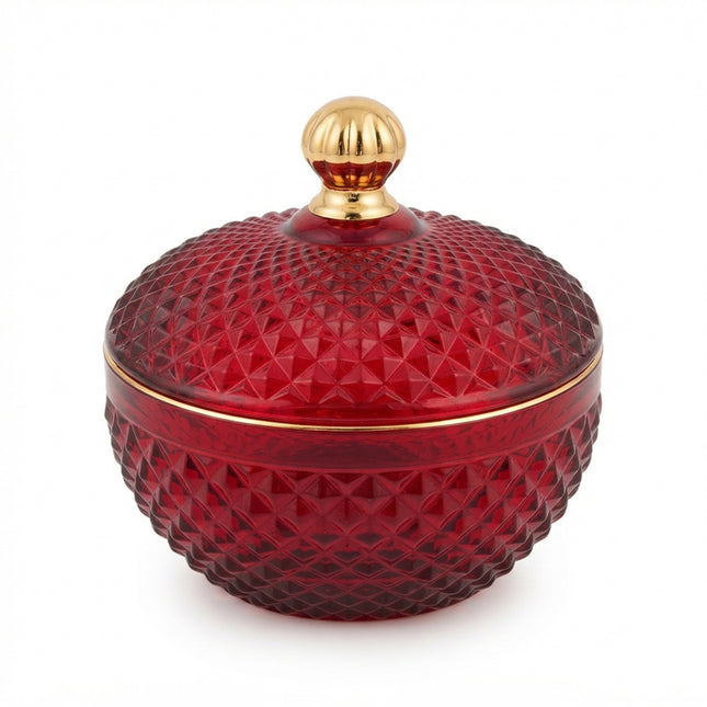 Candela Profumata in Potiche di Vetro Rosso Diamantato Ø 10,5 cm, Bomboniera Natalizia Elegante, Barattolo con Coperchio e Pomello Oro Lucido, Contenitore Riutilizzabile Due Esse