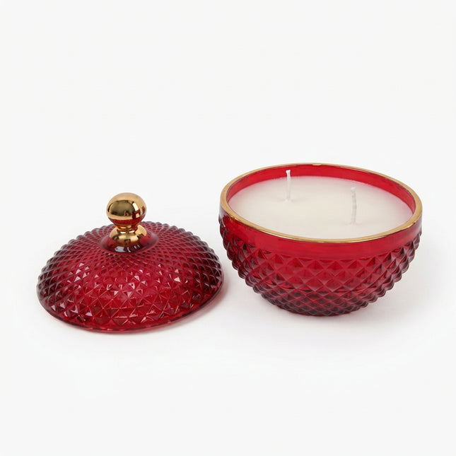 Candela Profumata in Potiche di Vetro Rosso Diamantato Ø 10,5 cm, Bomboniera Natalizia Elegante, Barattolo con Coperchio e Pomello Oro Lucido, Contenitore Riutilizzabile Due Esse