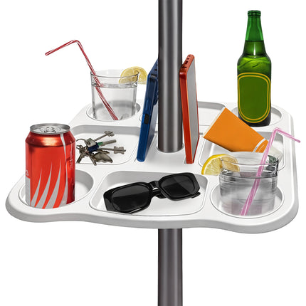 Tavolino Vassoio per Ombrellone 37x37 cm – 8 Scomparti, Foro Ø22-40 mm, in Plastica Bianca – Ideale per Bibite, Oggetti e Smartphone in Spiaggia o Giardino Due Esse