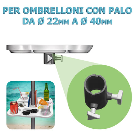 Tavolino Vassoio per Ombrellone 37x37 cm – 8 Scomparti, Foro Ø22-40 mm, in Plastica Bianca – Ideale per Bibite, Oggetti e Smartphone in Spiaggia o Giardino Due Esse