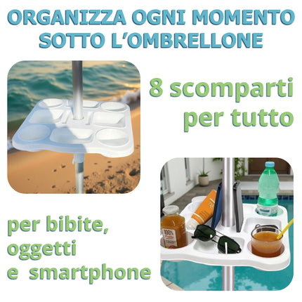 Tavolino Vassoio per Ombrellone 37x37 cm – 8 Scomparti, Foro Ø22-40 mm, in Plastica Bianca – Ideale per Bibite, Oggetti e Smartphone in Spiaggia o Giardino Due Esse
