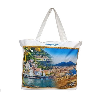 Borsa Mare Tote in Tessuto Bianco con Stampe Campania, Amalfi e Napoli Due Esse
